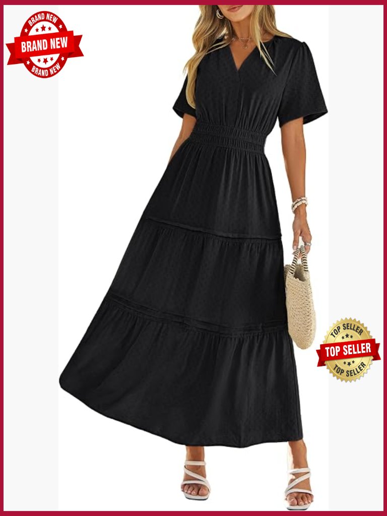 Casual Maxi Dress Short Sleeve V Neck Elastic Waist A Line Flowy Beach Long